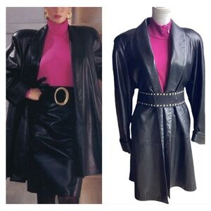 1980’s VAKKO Black Leather Swing Coat (t25fc)
